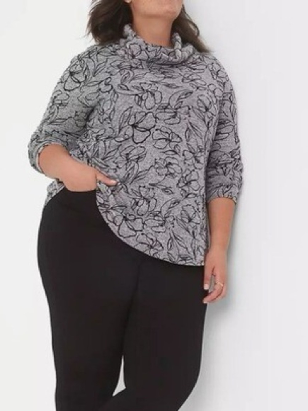 Lane Bryant Floral Cowl Neck Top plus Size 18/20 Inkwell Flocked Stretch